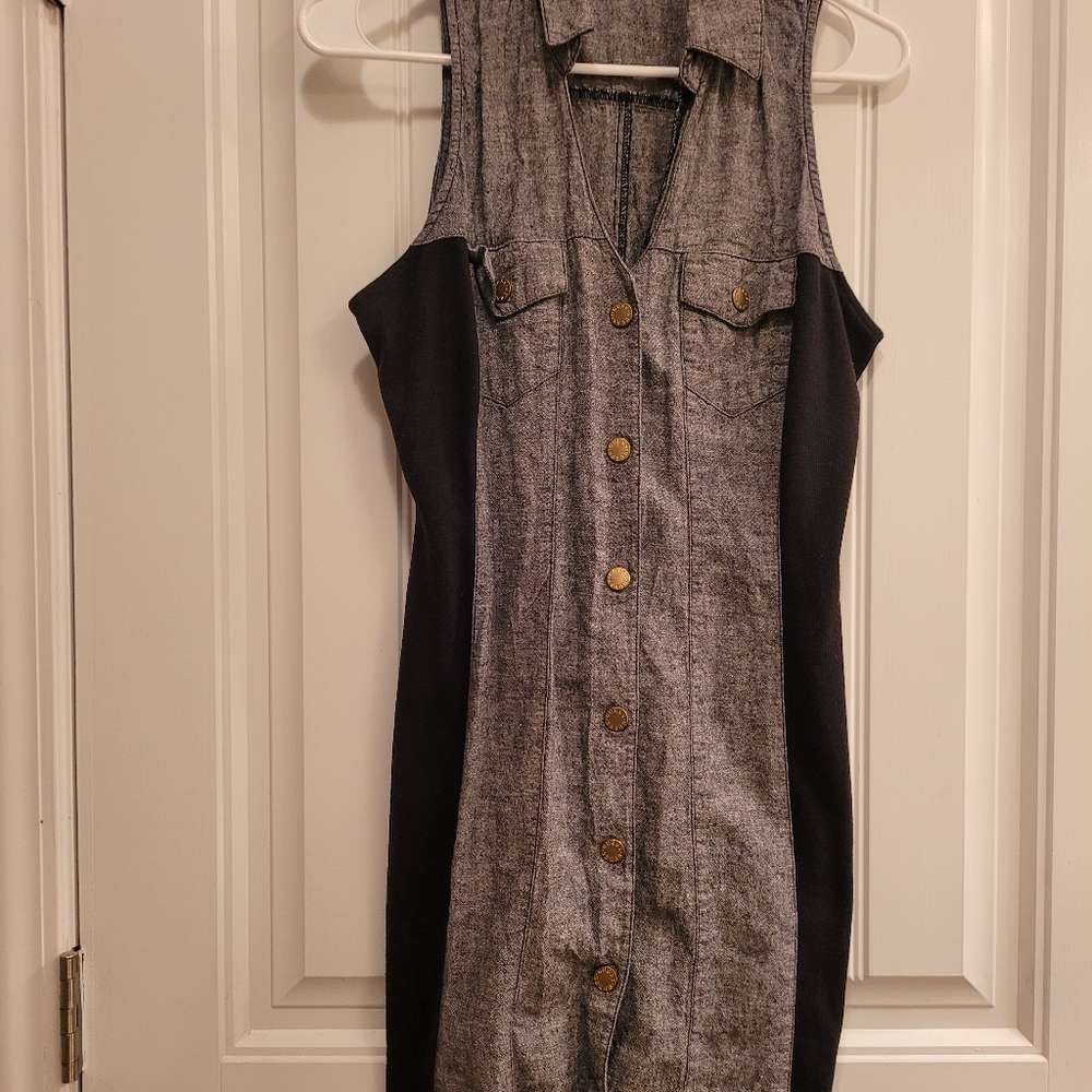 Guess Black and Grey Collared Sleeveless Denim Dress, Size Medium